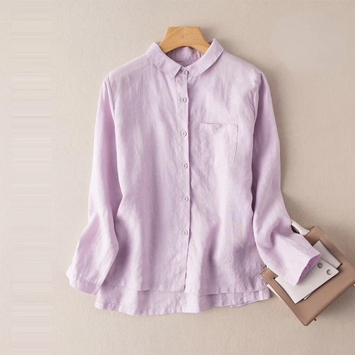 Vintage Style Cotton Linen Shirt Blouse Top Button-up Women Smart Casual Solid - Picture 4 of 22