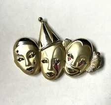 Vintage AJC Gold Tone Triple Clown Face Brooch 3.5"  Enamel Jester Circus