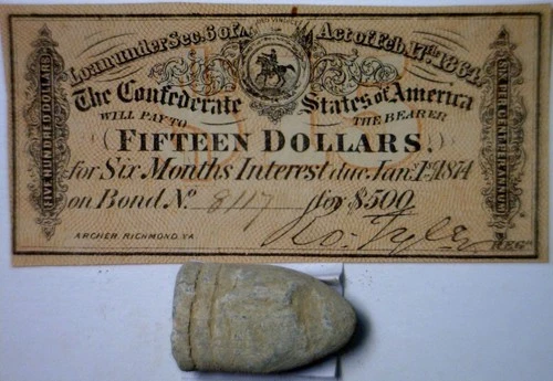 1864 CONFEDERATE $15 Intrst Note + a Civil War UNused never fired BULLET CSA  NR