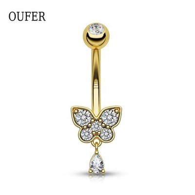 Belly Button Ring Dangle 10K Solid Gold 7 CZ 14G Butterfly Curved Bar Navel Ring