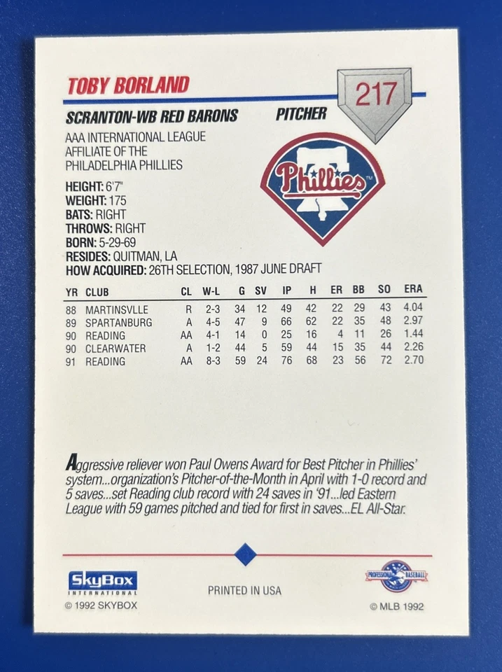 1992 SkyBox Baseball AAA Toby Borland Scranton/Wilkes-Barre Red Barons #217 - Image 2 of 2