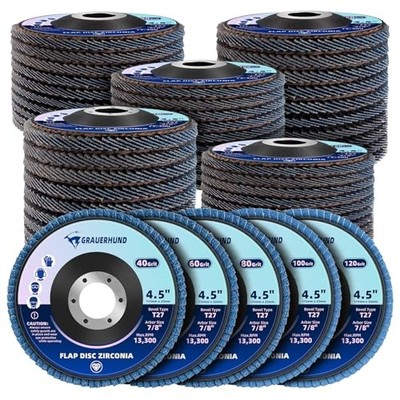 50 Pack Flap Discs 4 1/2'' x 7/8'' for Angle Grinder, 40/60/80/100/120 Grit T27...