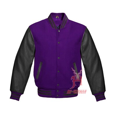 Varsity Jacke Gothic College Bomber Unisex Lila Wolle Schwarz Leder Retro
