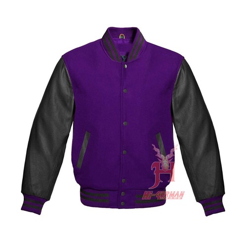 Varsity Men Letterman Baseball Purple Wool Genuine Black Leather Sleeves Jackets - Bild 1 von 6