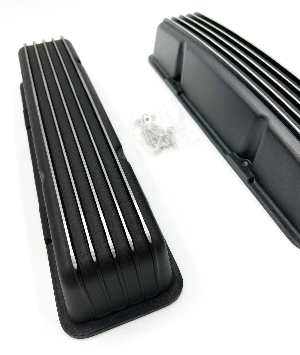 Black Aluminum Finned Tall Valve Covers SBC Small Block Chevy 350