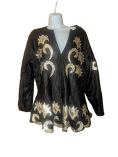 Vintage 80s Man Art Gold Embroidered Black Leather Jacket