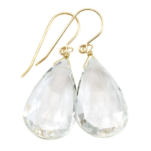 Pendientes de cuarzo transparente grandes facetados largos lágrimas anchas gotas de oro de ley 14k - Imagen 7 de 10