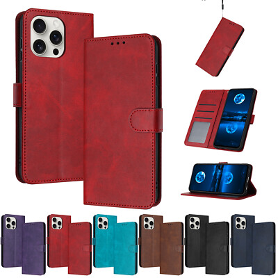Magnetic Leather Flip Wallet Strap Case for iPhone 16 15 Pro Max 14 13 12 11