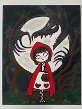 LITTLE RED RIDING HOOD Bad Wolf Pop Surrealism Fantasy ORIGINAL PAINTING OOAK