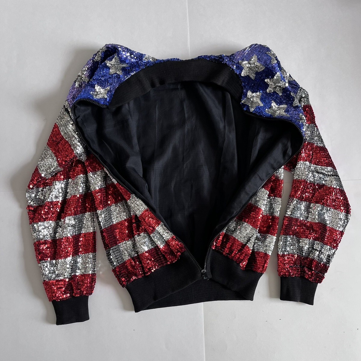 Vintage Fully Silk Sequined American Flag Patriotic Red White Blue