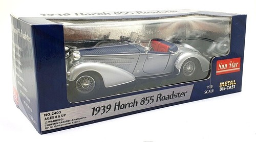 Sun Star 1/18 Scale Diecast 2403 - 1939 Horch 855 Roadster - Silver/Blue - Picture 5 of 5