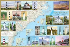 Southeast Lighthouses Illustrated Map Laminated Poster 24x36 No Glare NC, SC, GA