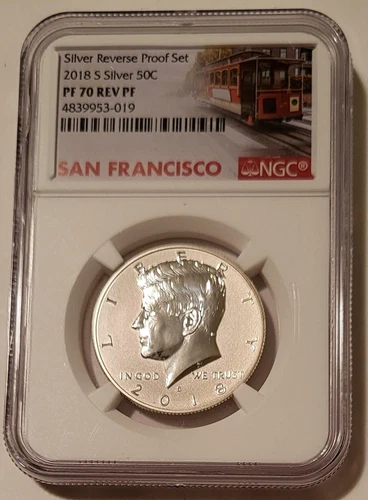 2018 S Silver Kennedy Half Dollar Reverse Proof PF70 NGC Trolley Label