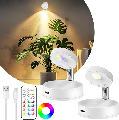 Rechargeable LED Spotlight for Indoor, Wireless RGB Spot Light with 2 Pack