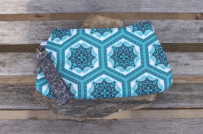 Blue Honeycomb Damask Wristlet Purse - Handmade Cotton Aqua Gray White Bag