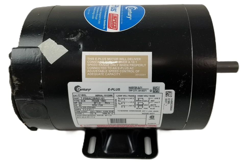 Century E180L E-Plus Speed Ratio Motor 1725RPM 208-230/460Vac 3Ph 60Hz 3/4HP NEW - Image 2 of 4