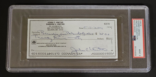 JOHNNY UNITAS Signed Personal Check-HALL OF FAME-BALTIMORE COLTS-PSA 9 Auto