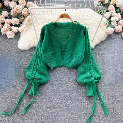 Lady Knitted Cardigan Top Coat Puff Sleeve Crop Winter Cute Casual Sweater Sweet - Imagen 2 de 19