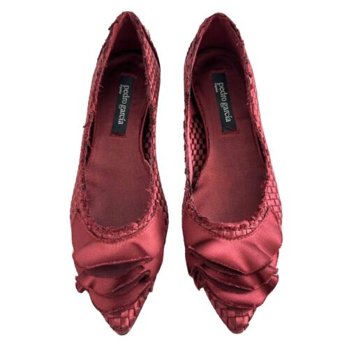 Pedro Garcia Albany Woven Ruffle Satin Pointy Toe Flat Shoes Women’s Size 7.5 - Zdjęcie 1 z 11