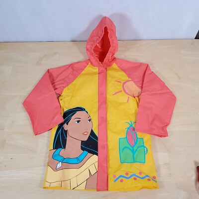 Vtg Pocahontas Rain Coat Girls Sz 6X Yellow 90s Disney Hooded PVC