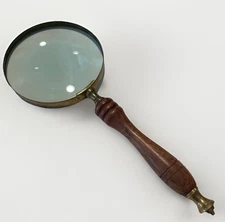 Vintage Blue Tint Glass Brass and Teak Magnifying Glass