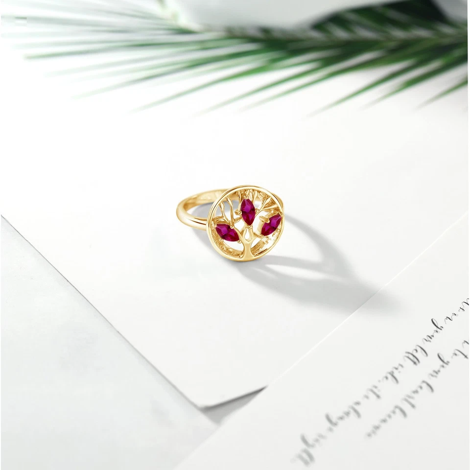 18K Yellow Gold Plated Silver Created Ruby Family Tree of Life Ring For Women - Image 4 of 4