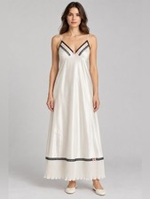 Ivory Satin Slip Nightgown Medium Black Lace Pink Bow Coquette Pleated Hem