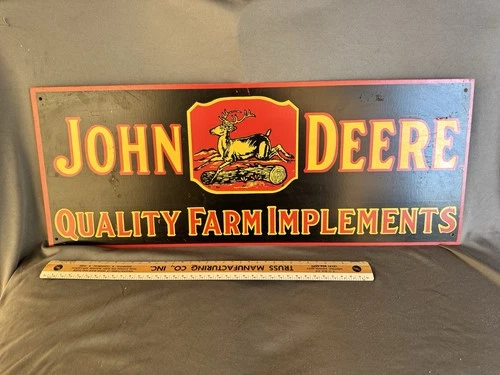 Vintage John Deere Quality Farm Implements Porcelain Metal Sign 26” X10” Inches