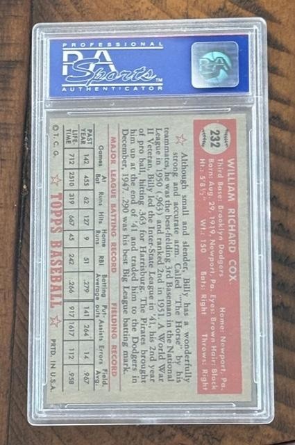 1952 TOPPS #232 BILLY COX - BROOKLYN DODGERS - NM-MT PSA 8 - ONLY 7 HIGHER view 2