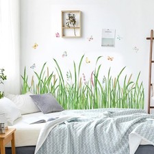Green Grass Wall Corner Sticker Peel and Stick Flower Butterfly Wall Decal Gr...
