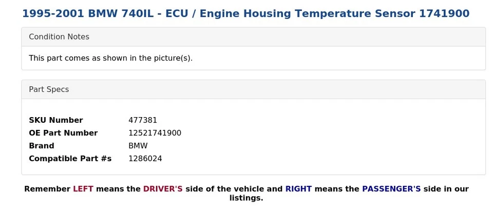 BMW 740IL 1995-2001 - ECU/sensor de temperatura de la carcasa del motor 1741900 Foto 4 de 4
