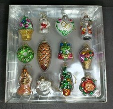 Set of 12 Figural Glass Christmas Tree Ornaments in Box Festive Holiday Designs