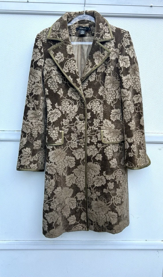 Jaqueta feminina vintage Arden B XS tapeçaria trincheira floral Y2K ouro marrom brocado - Imagem 3 de 4