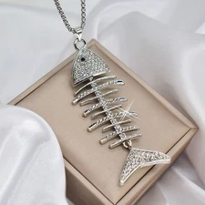 Large Vintage Rhinestone Fishbone Stainless steel Necklace
