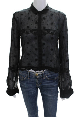Giamba Women Black Floral Collared Button Up Long Sleeve Blouse Size XS