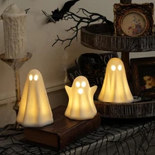 [Timer]Light up Ghost Halloween Decor, 3 Pack Ceramic Halloween Ghost Decoration