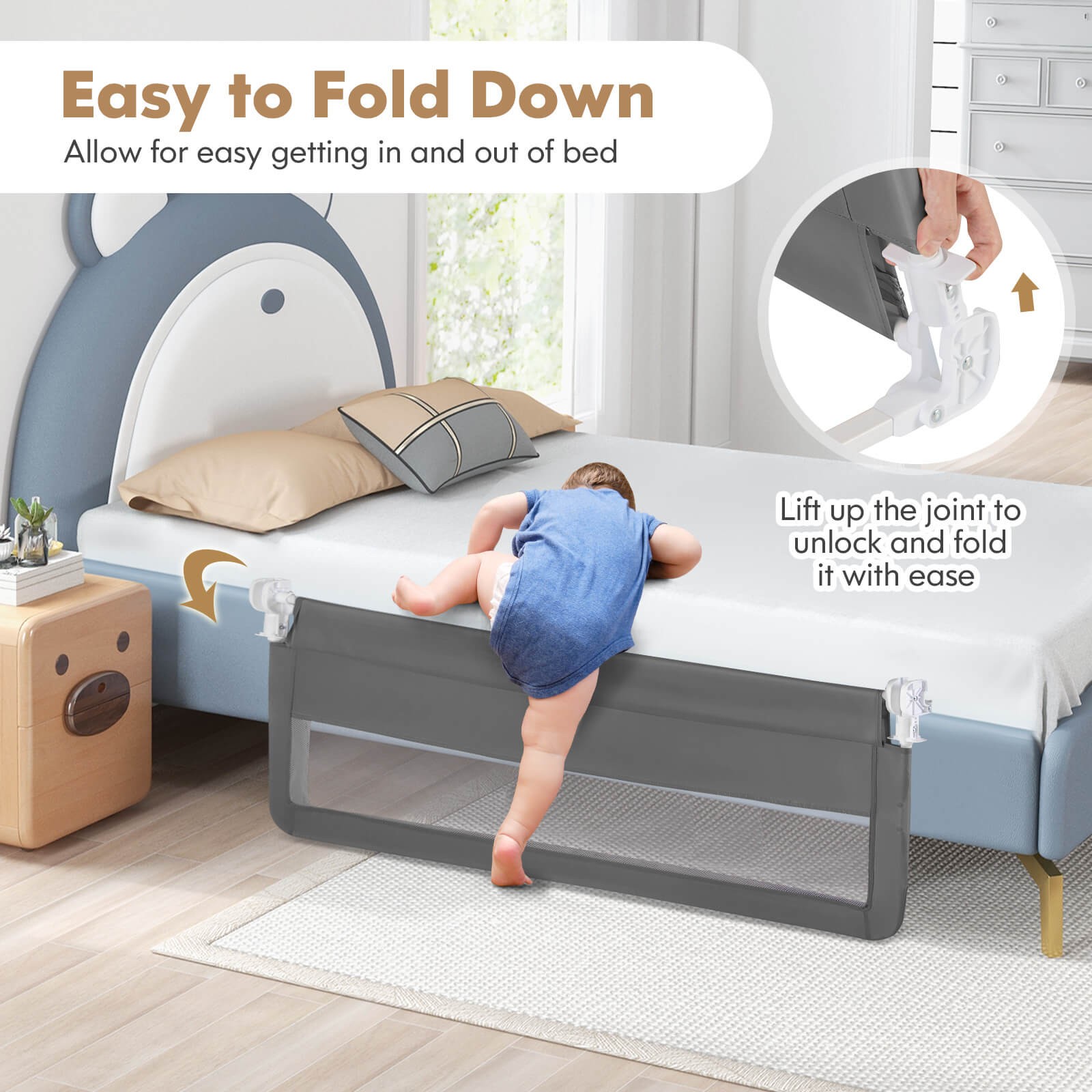 Costway 59" Baby Bed Rail Guard Breathable Material Safety Swing Down Home Gray