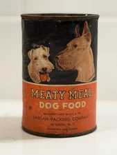 ANTIQUE SCOTTIE GREYHOUND PUPPY MEATY DOG FOOD ADVERTISING CAN MASPETH NEW YORK