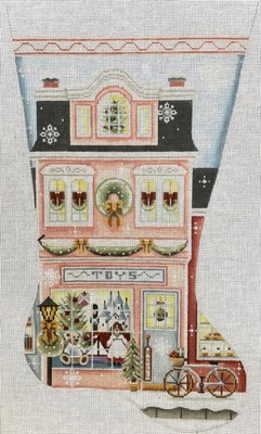 Needlepoint Handpainted Rebecca Wood Christmas Stocking Toy Shop Right Toe