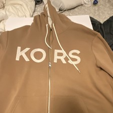 Michael Kors Men  s Full Zip Hooded Fleece Hoodie Logo Pockets Brown XL