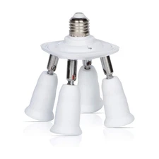 E26 Light Bulb Socket Adapter Splitter to 4 Heads White Fully Adjustable Angles