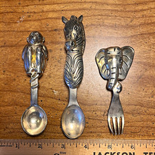 Godinger Silver Animal Handle Baby Utensil Set 2 Spoons Fork Elephant Zebra