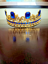 Euro Disney Store Fancy Gold Metal Crown Tiara Large  Small Blue Stones