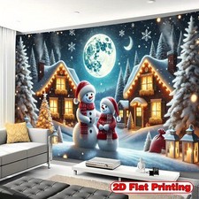 2D Flat, 1pc Snowmen Winter Night Christmas Backdrop - Rustic Xmas Scene with Sn
