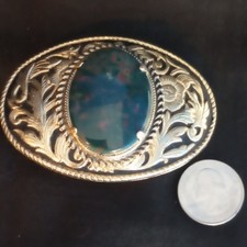 Vtg Women's Western Belt Buckle Brass w Natural Stone Green Brown Cabochon EUC