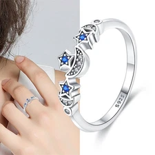 KUNSIR 925 Sterling Silver Star &Moon Ring For Womens Ring Jewelry Gift Size 7-9