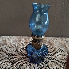 Vintage Cobalt Blue Glass Mini Oil Lamp Hurricane Made in Hong Kong 4.5 x2"Cute