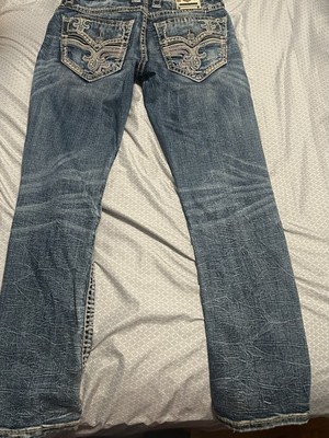 Rock Revival Men s Straight Fit Blue Medium Wash Denim Jeans Embroidered Logo