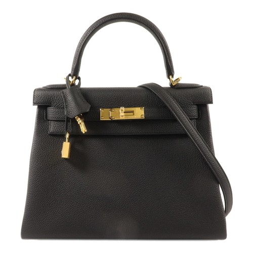 HERMES GHW Kelly 28 2 Way Shoulder Bag Togo Leather Noir