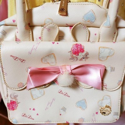 Liz Lisa Heart Print Shoulder Bag Cream Pink Ruffle Fur Pompon